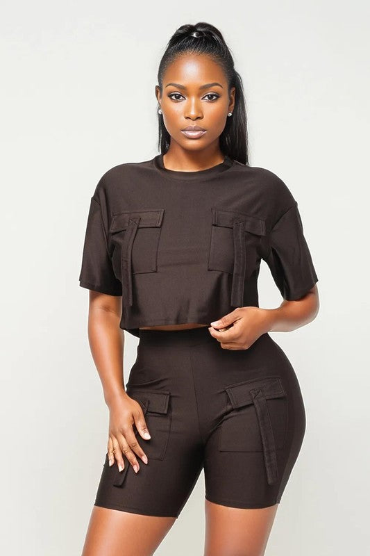 Shiny Jersey Crop Top and Biker Set