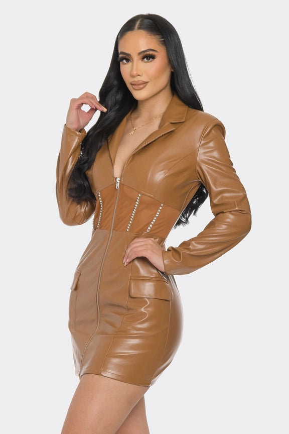 Corset With Rhinestone Detail Pu Zip Up Dress