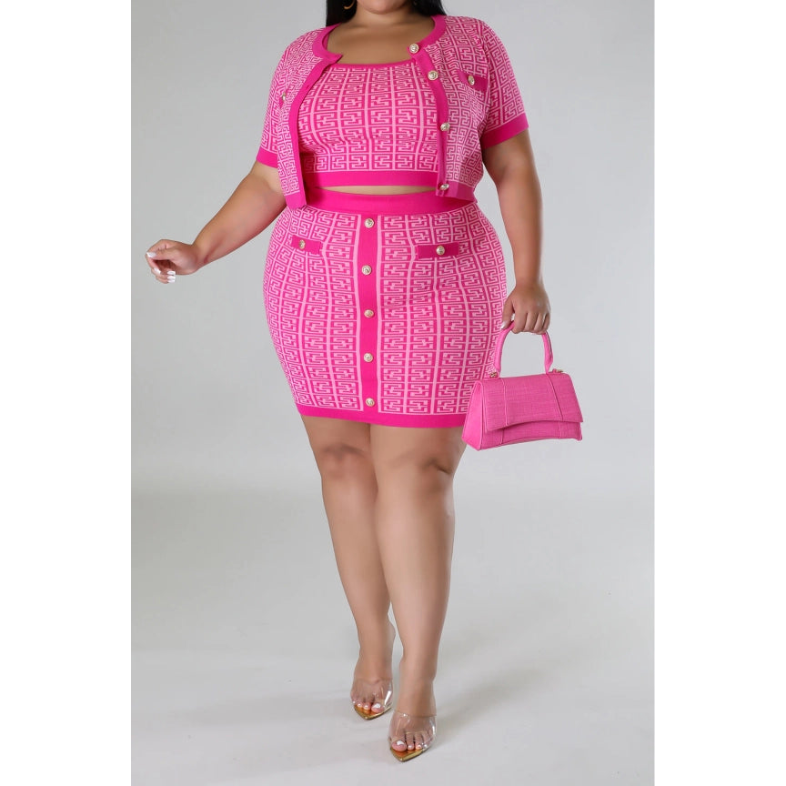 Plus Size Knit Cardigan Crop Top Skirt 3PC Set