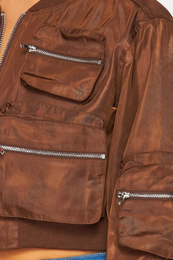 Sweet Talking Cropped Cargo Pocket Bomber Jacket