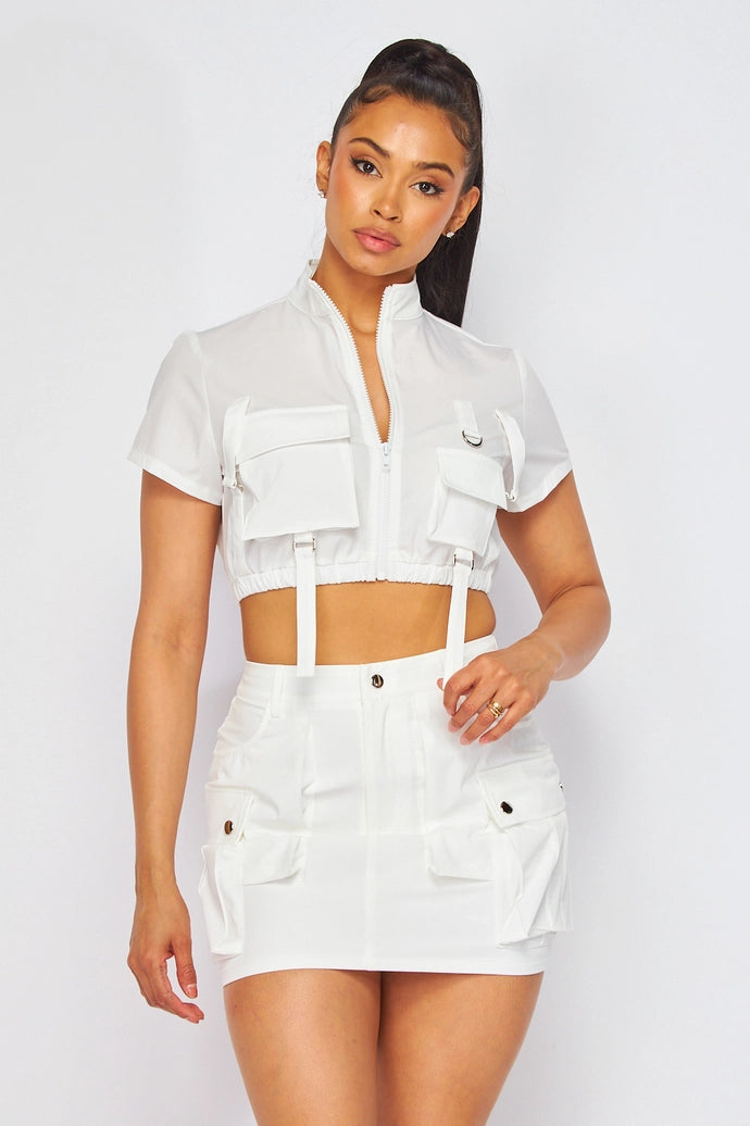Trophy Wife Nylon Cargo Pocket Top and Skirt Set