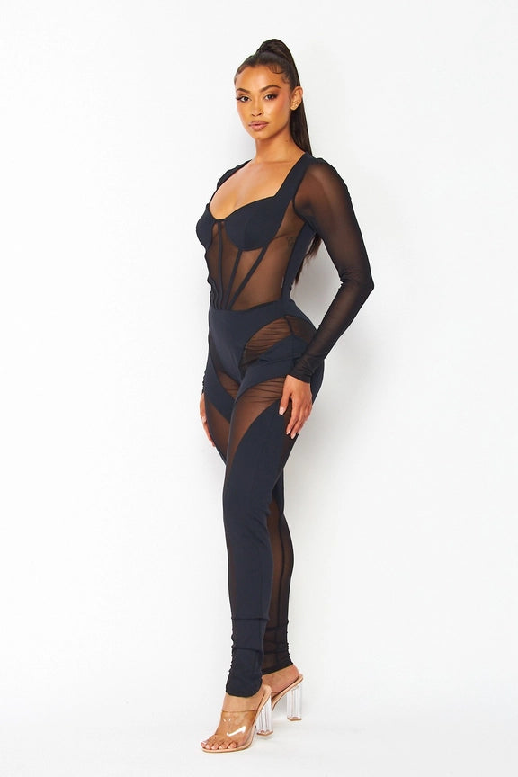 Nylon Mesh Long Sleeve Jumpsuit
