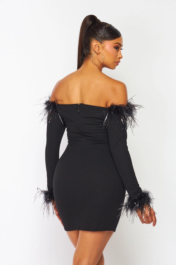 Metallic Feather Trim Off Shoulder Mini Dress
