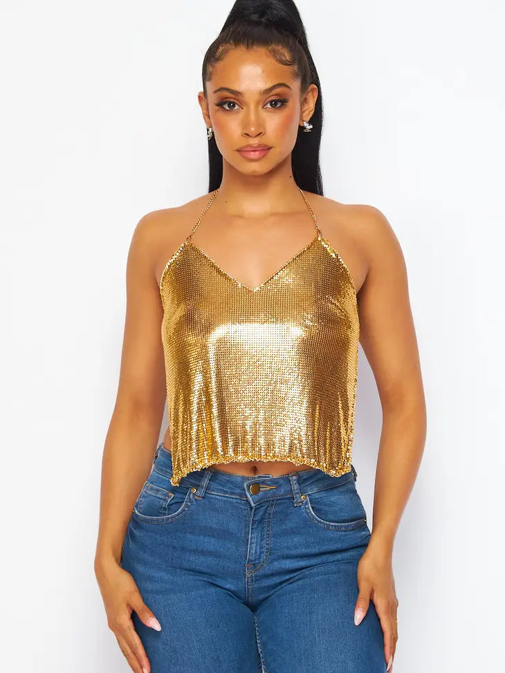 Metallic Chain Halter Crop Top