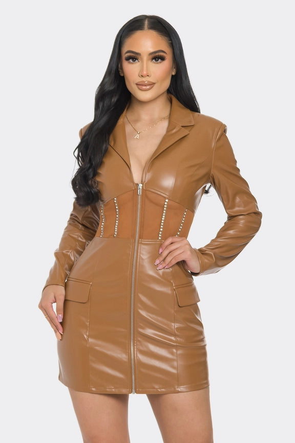 Corset With Rhinestone Detail Pu Zip Up Dress