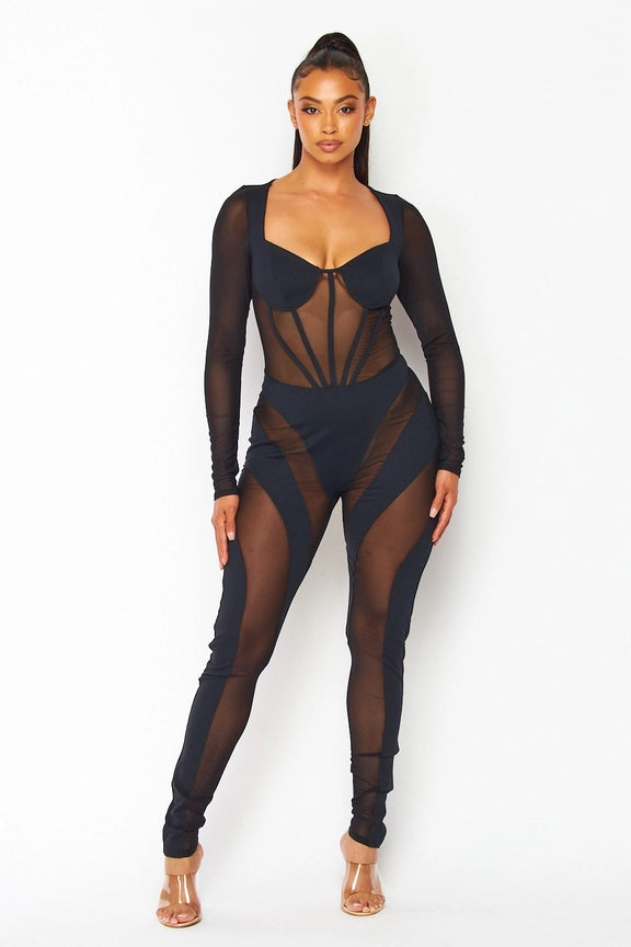Nylon Mesh Long Sleeve Jumpsuit