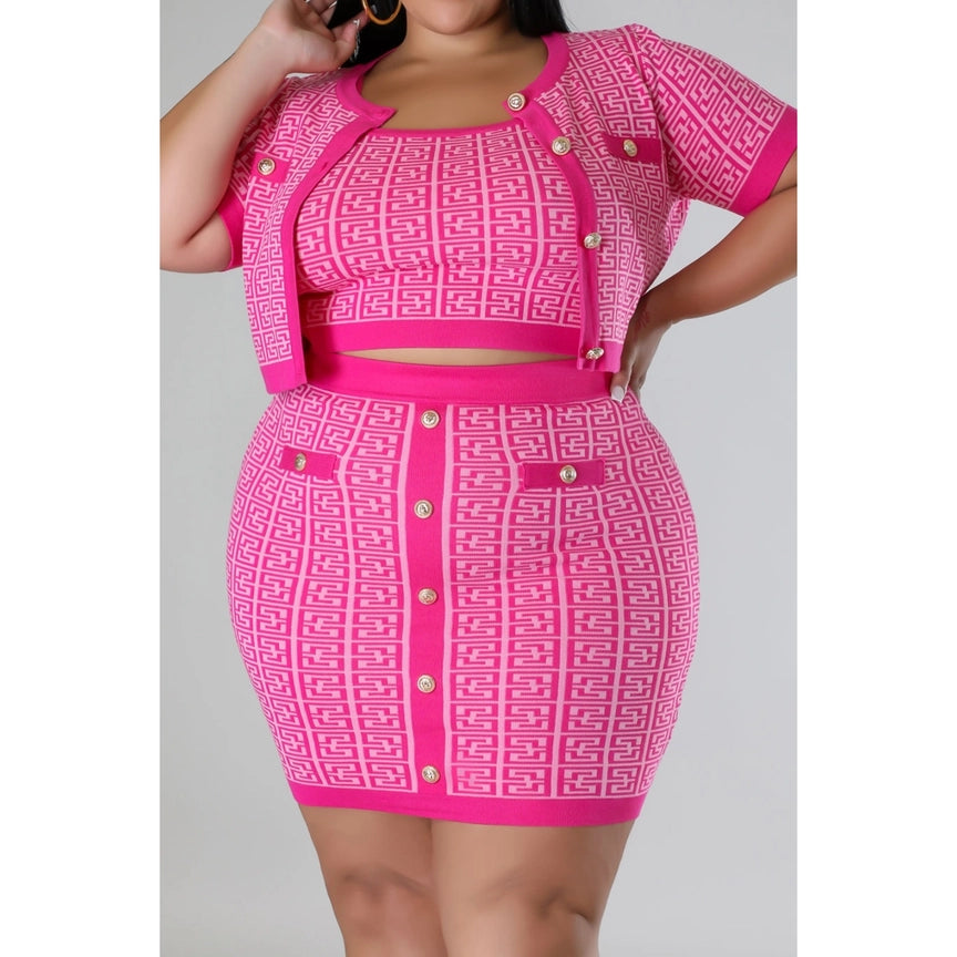 Plus Size Knit Cardigan Crop Top Skirt 3PC Set