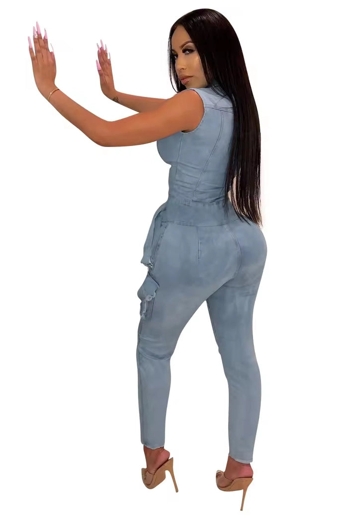Zip Up Front Denim Jumpsuits