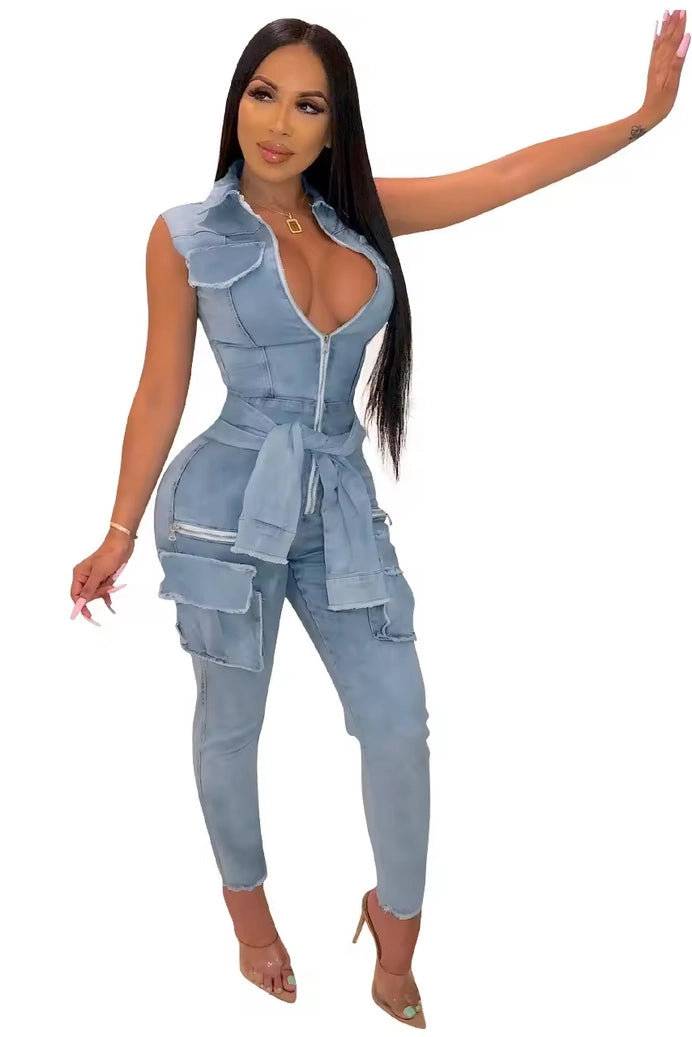 Zip Up Front Denim Jumpsuits