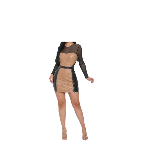 Leather Patchwork Sheer Mini Dress