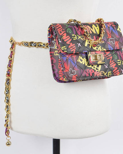 Graffiti Quilted Bag W/chain Belt