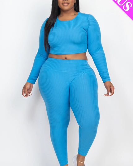 Plus Size Long Sleeve Crop Top Leggings Set
