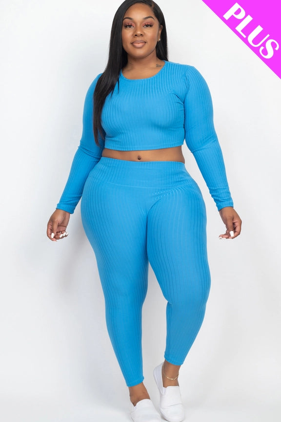 Plus Size Long Sleeve Crop Top Leggings Set