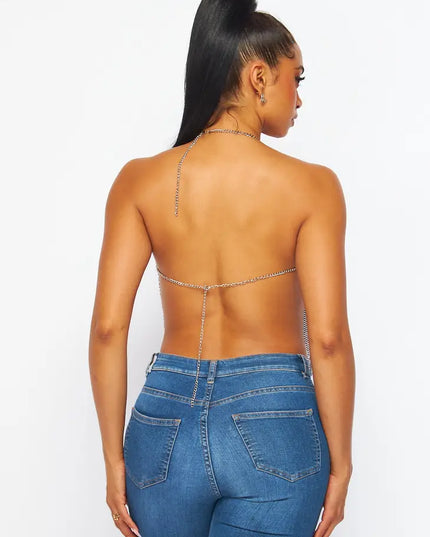 Metallic Chain Halter Crop Top