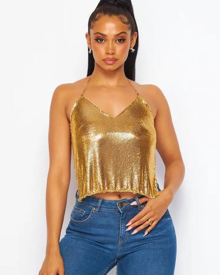 Metallic Chain Halter Crop Top