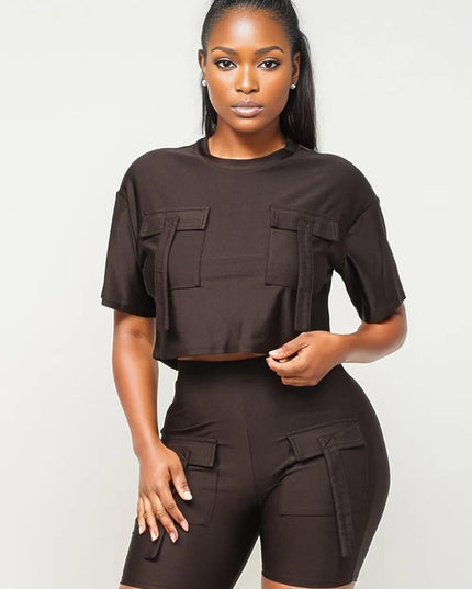 Shiny Jersey Crop Top and Biker Set