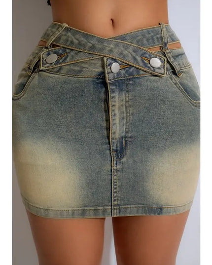Criss Cross Waist Denim Mini Skirts