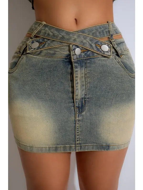 Criss Cross Waist Denim Mini Skirts