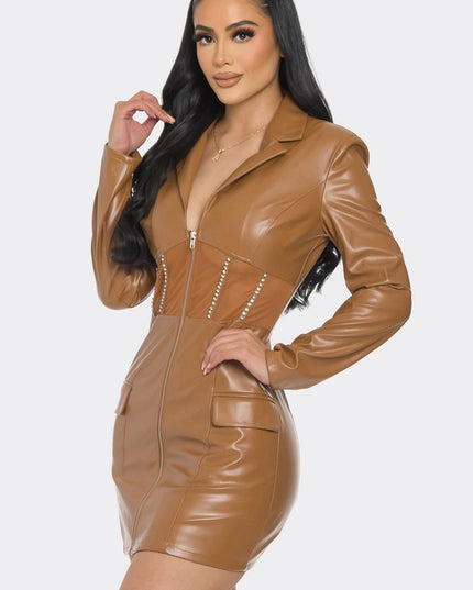 Corset With Rhinestone Detail Pu Zip Up Dress