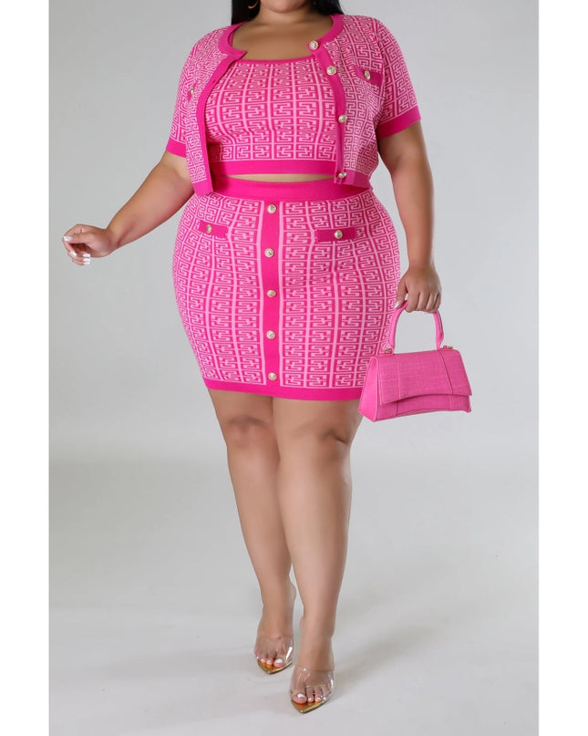 Plus Size Knit Cardigan Crop Top Skirt 3PC Set