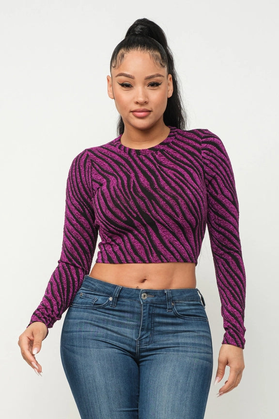 Round Neck Zebra Lurex Fabric Long Sleeve Crop Top