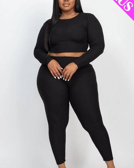 Plus Size Long Sleeve Crop Top Leggings Set