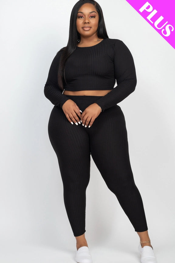 Plus Size Long Sleeve Crop Top Leggings Set