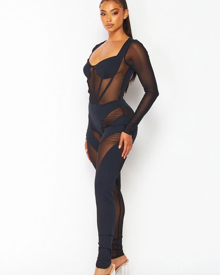 Nylon Mesh Long Sleeve Jumpsuit