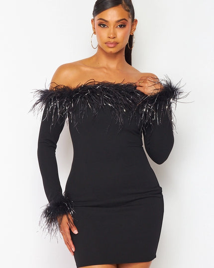Metallic Feather Trim Off Shoulder Mini Dress