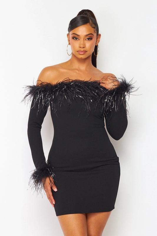 Metallic Feather Trim Off Shoulder Mini Dress