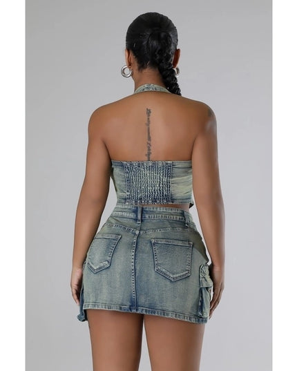Denim Dream Set Halter Top and High-Waisted Skirt