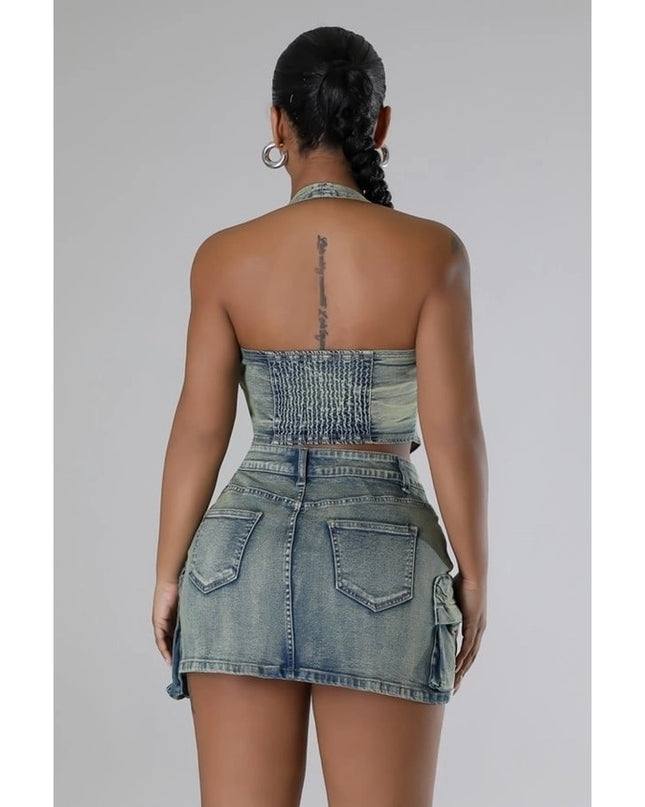 Denim Dream Set Halter Top and High-Waisted Skirt