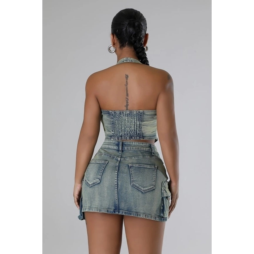 Denim Dream Set Halter Top and High-Waisted Skirt