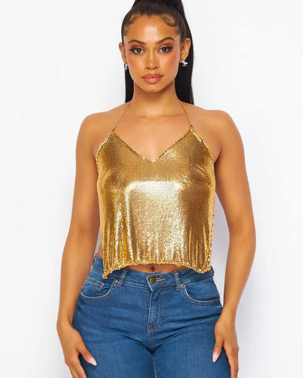 Metallic Chain Halter Crop Top