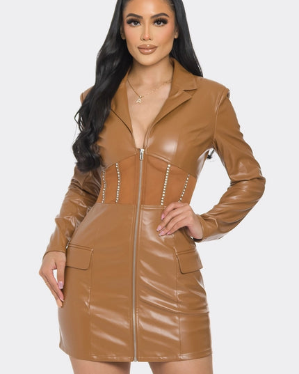 Corset With Rhinestone Detail Pu Zip Up Dress