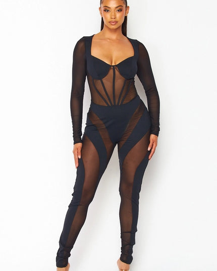Nylon Mesh Long Sleeve Jumpsuit