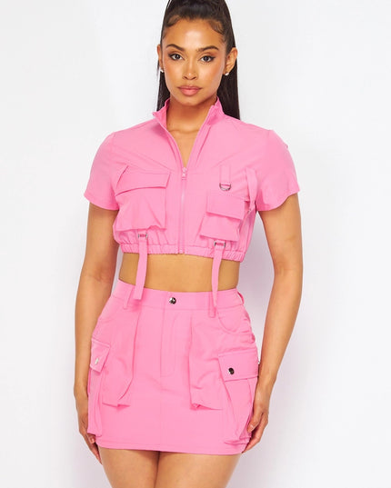 Trophy Wife Nylon Cargo Pocket Top and Skirt Set