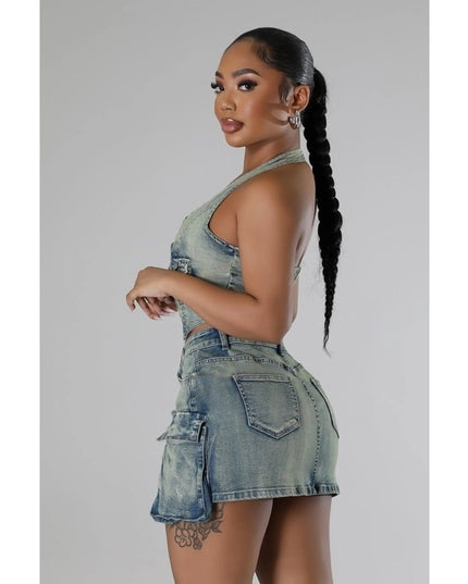 Denim Dream Set Halter Top and High-Waisted Skirt