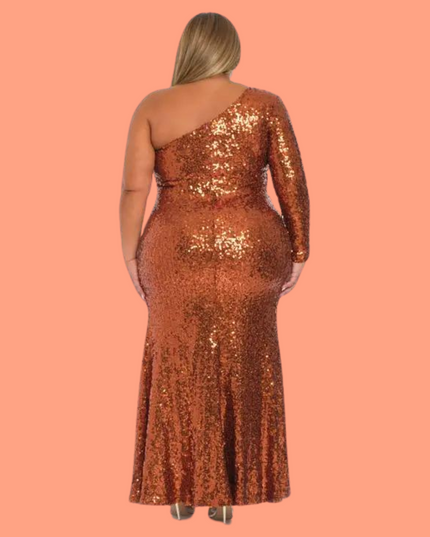 Curvy Sequin One Shoulder Side Slit Maxi Dress