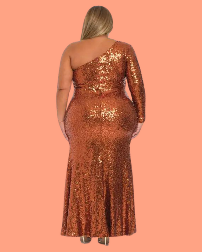 Curvy Sequin One Shoulder Side Slit Maxi Dress