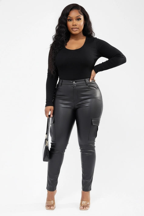 Cargo Pockets Pu Pleather Skinny Leg Pants