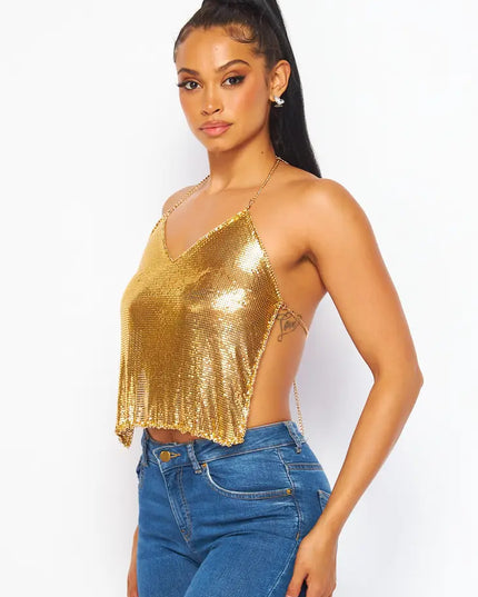 Metallic Chain Halter Crop Top