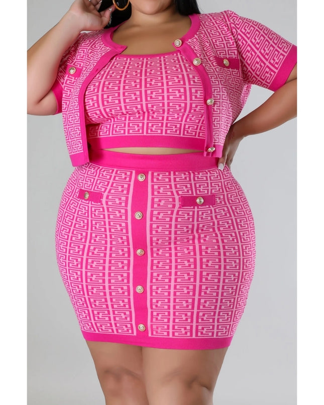 Plus Size Knit Cardigan Crop Top Skirt 3PC Set