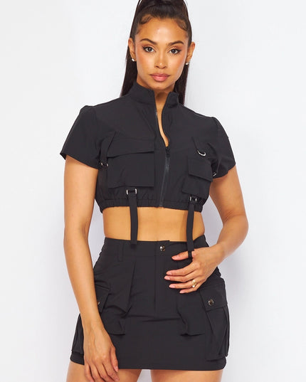 Trophy Wife Nylon Cargo Pocket Top and Skirt Set