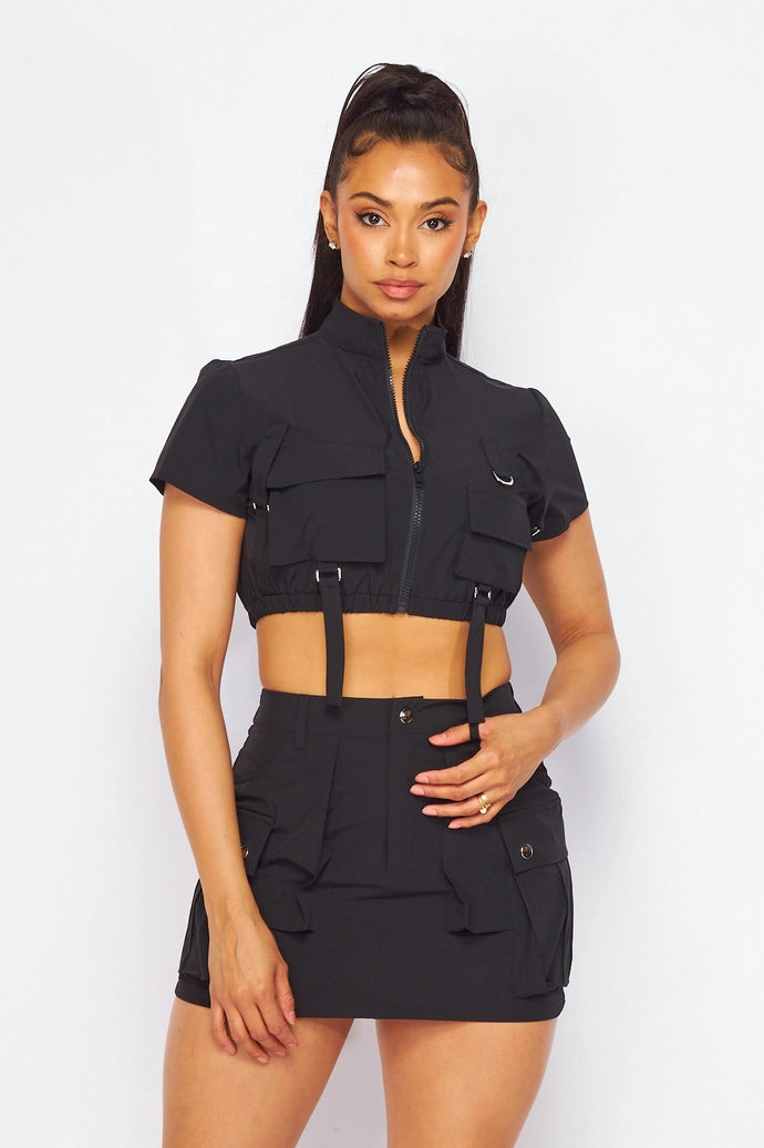 Trophy Wife Nylon Cargo Pocket Top and Skirt Set