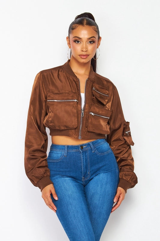 Sweet Talking Cropped Cargo Pocket Bomber Jacket