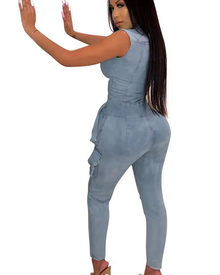 Zip Up Front Denim Jumpsuits