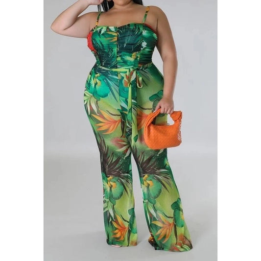 Plus Size Square Neck Sheer Ruched Jumpsuit