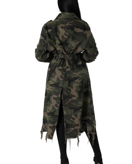 Women Fashion Camoflage Long Trench Coat