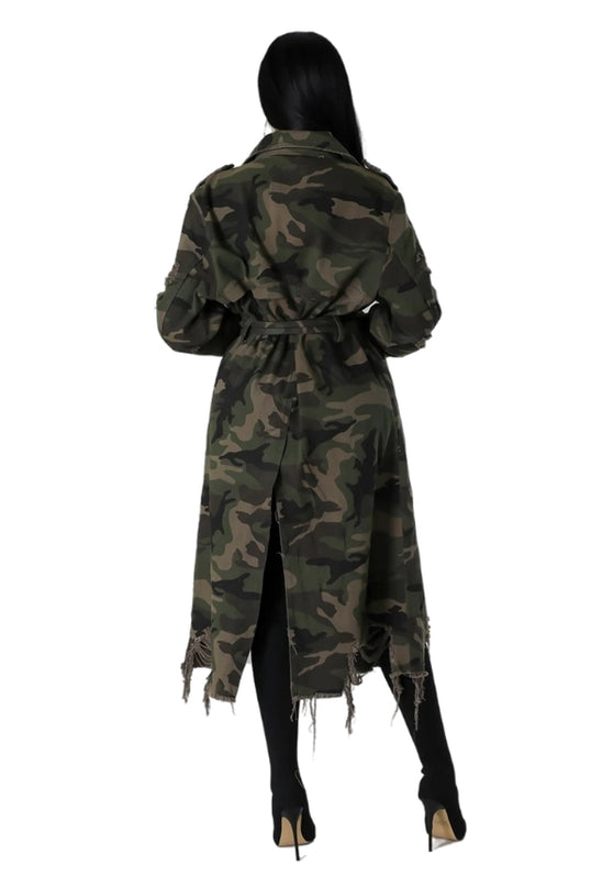 Women Fashion Camoflage Long Trench Coat